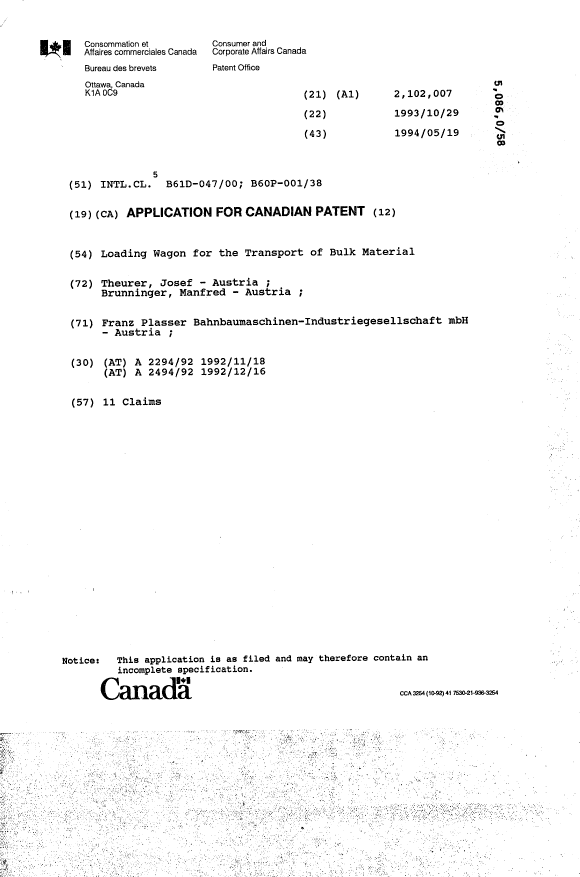 Canadian Patent Document 2102007. Cover Page 19940408. Image 1 of 1