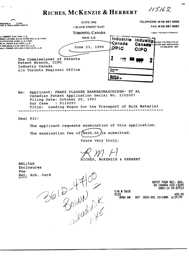 Canadian Patent Document 2102007. Prosecution-Amendment 19990623. Image 1 of 1