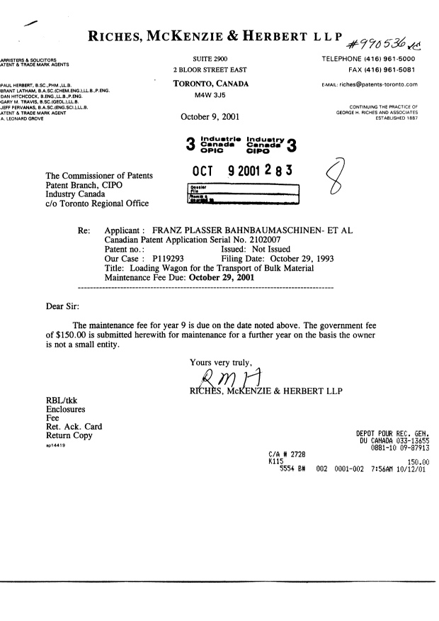 Canadian Patent Document 2102007. Fees 20011009. Image 1 of 1