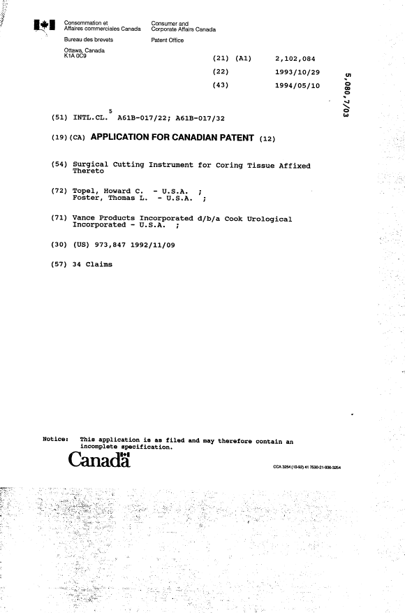 Canadian Patent Document 2102084. Cover Page 19940510. Image 1 of 1