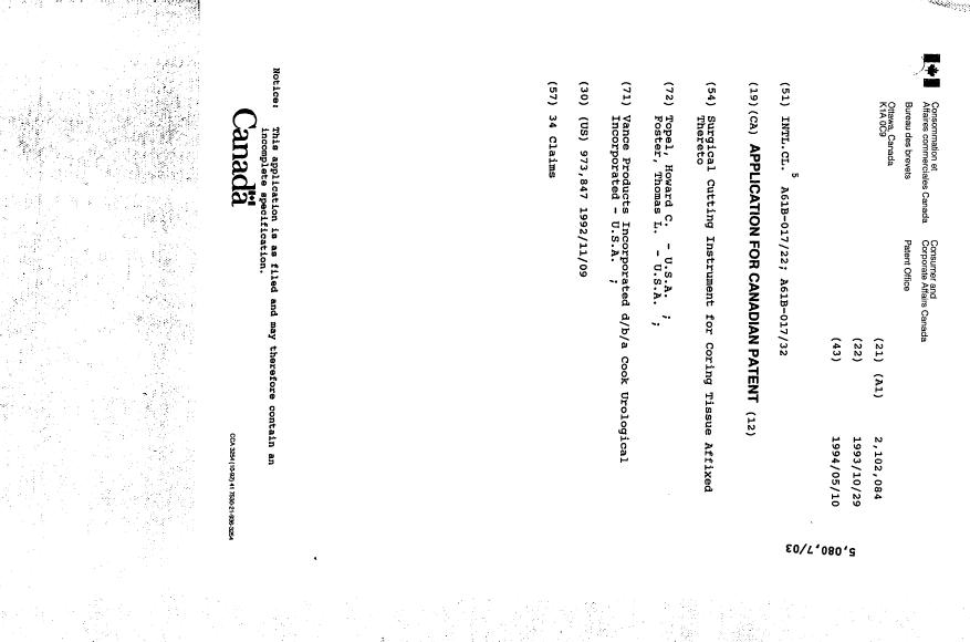 Document de brevet canadien 2102084. Page couverture 19940510. Image 1 de 1