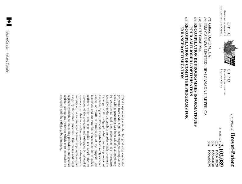 Document de brevet canadien 2102089. Page couverture 19990510. Image 1 de 1