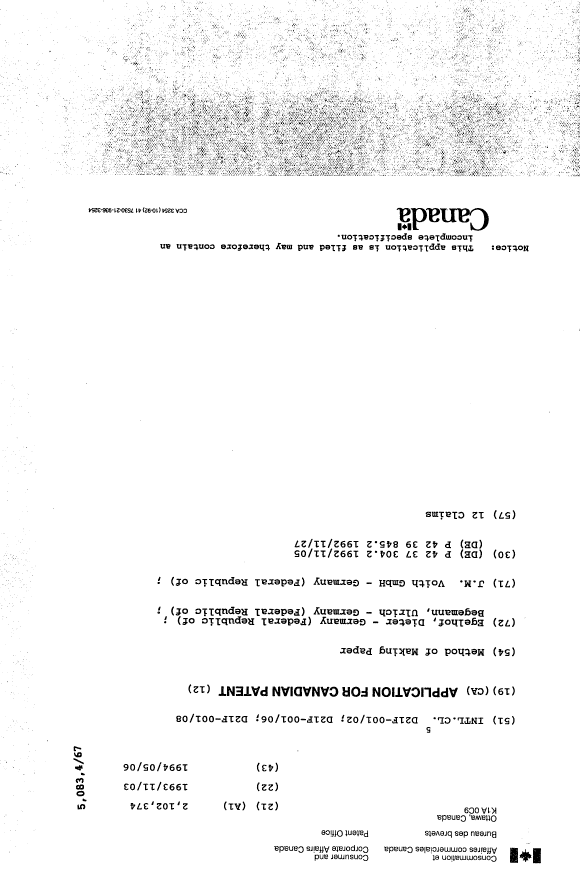 Canadian Patent Document 2102374. Cover Page 19940506. Image 1 of 1