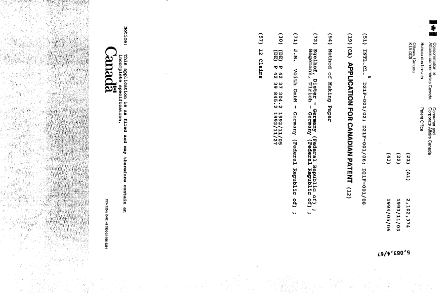 Document de brevet canadien 2102374. Page couverture 19940506. Image 1 de 1