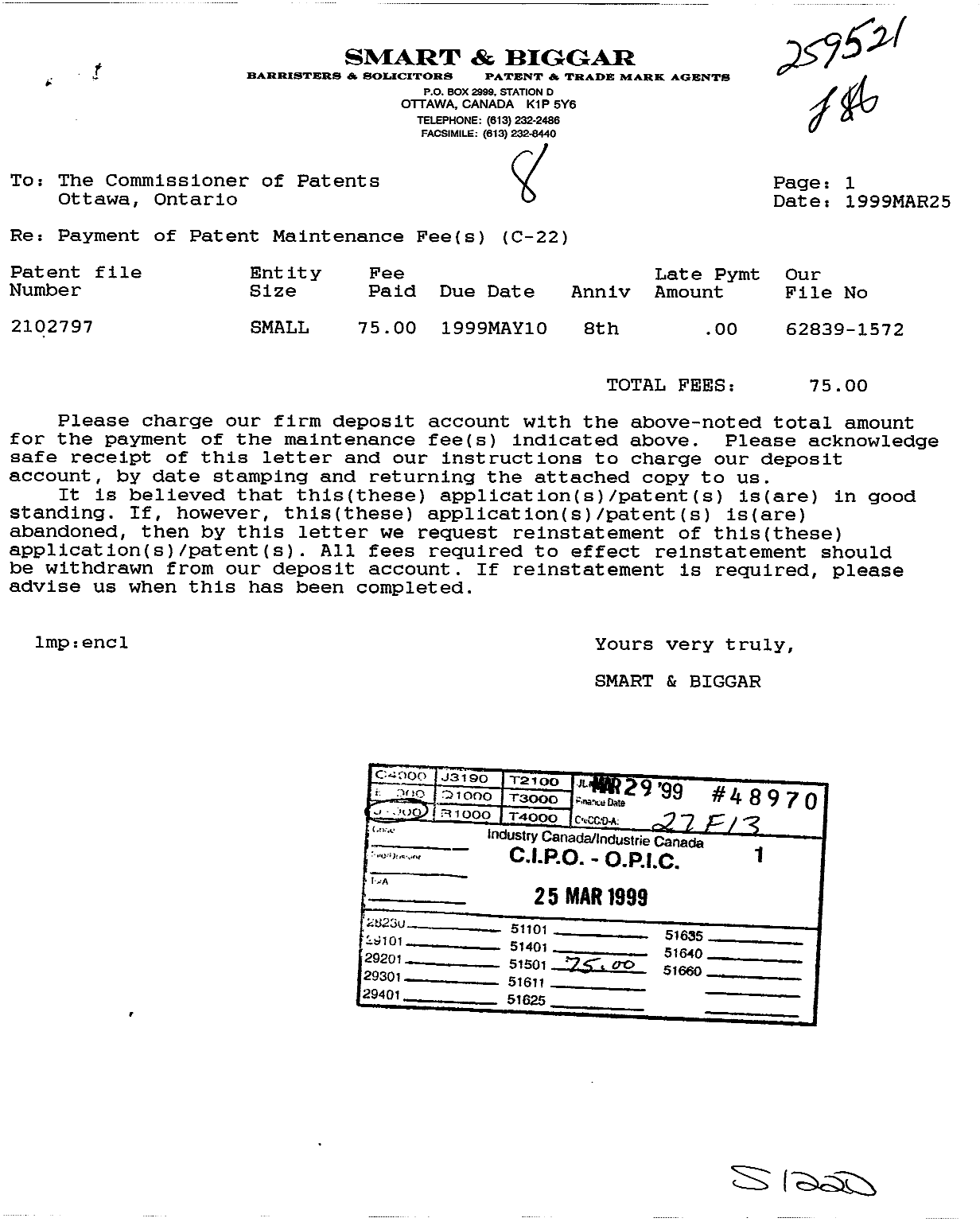 Document de brevet canadien 2102797. Taxes 19990325. Image 1 de 1