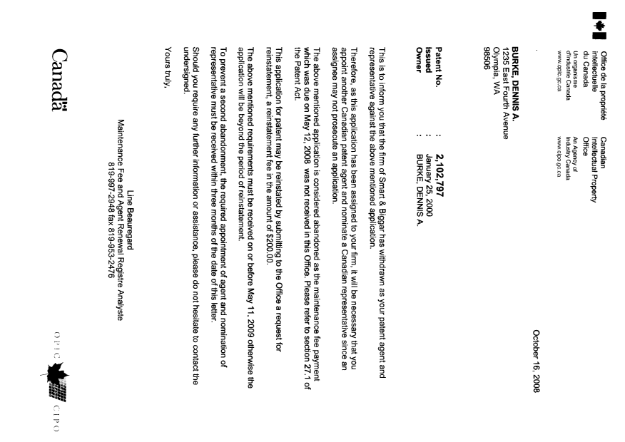 Document de brevet canadien 2102797. Correspondance 20081016. Image 1 de 2