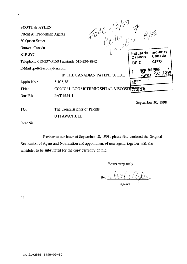 Document de brevet canadien 2102881. Correspondance reliée au PCT 19980930. Image 1 de 3