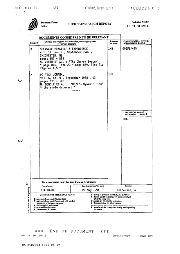 Canadian Patent Document 2102883. Prosecution Correspondence 19960517. Image 3 of 4