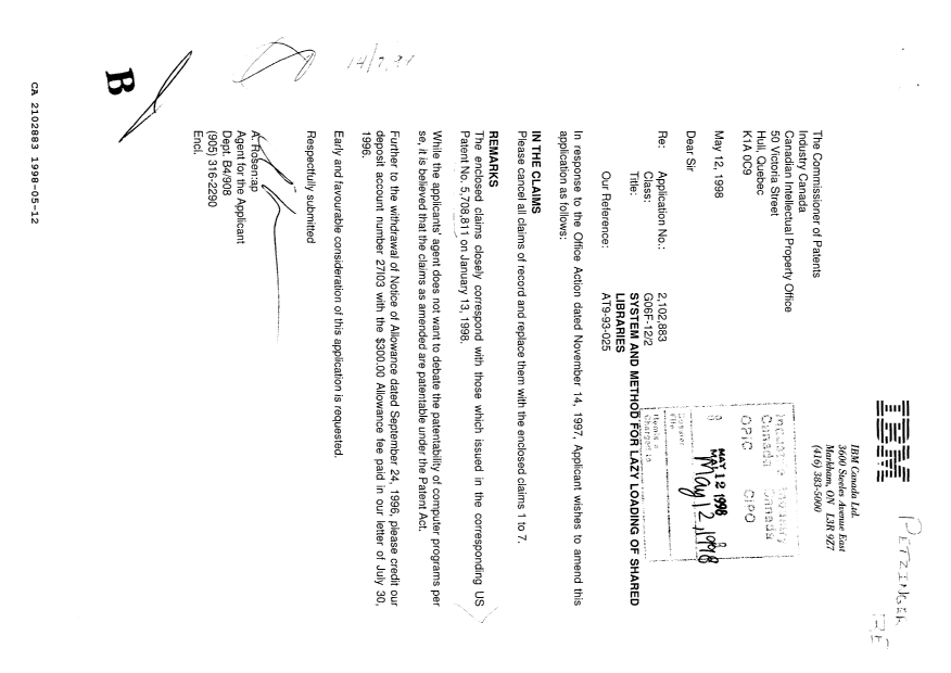 Canadian Patent Document 2102883. Prosecution Correspondence 19980512. Image 1 of 1