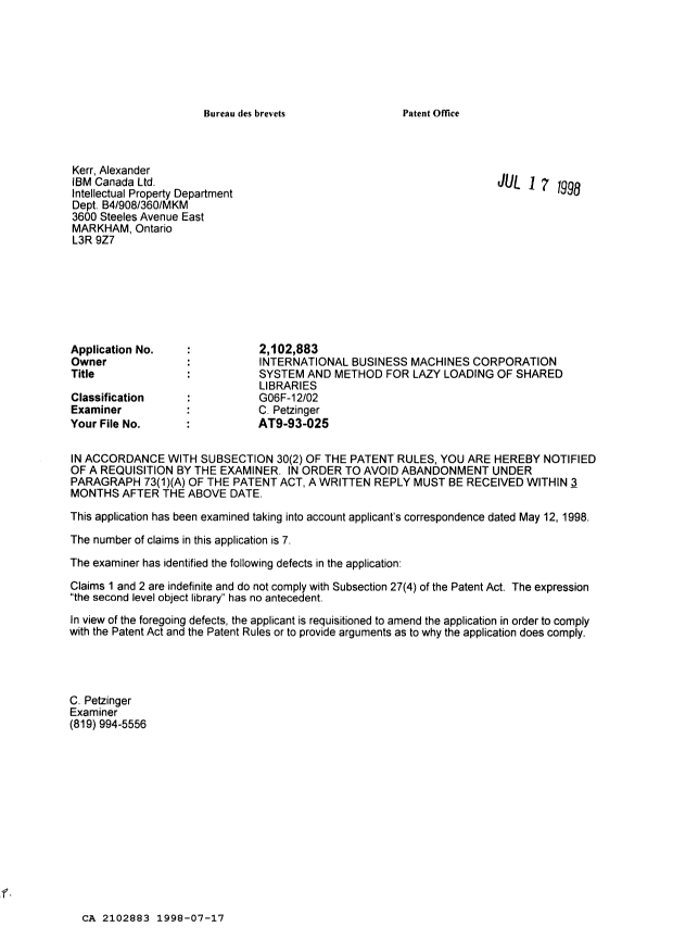 Document de brevet canadien 2102883. Demande d'examen 19980717. Image 1 de 1