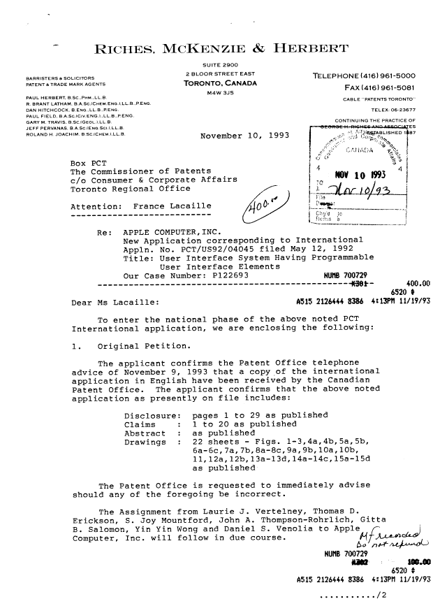 Document de brevet canadien 2102910. Cession 19931110. Image 1 de 36