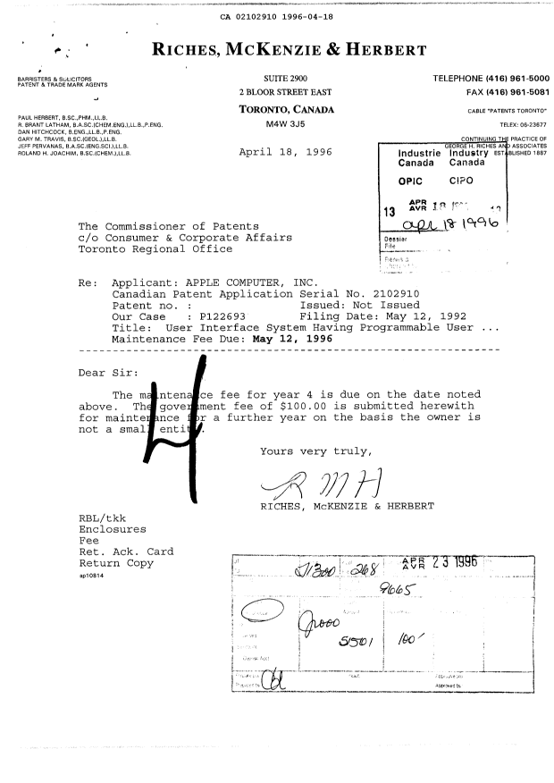 Document de brevet canadien 2102910. Taxes 19960418. Image 1 de 1