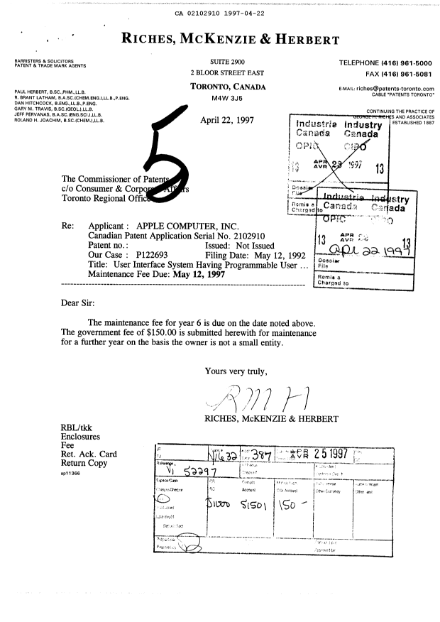Document de brevet canadien 2102910. Taxes 19970422. Image 1 de 1