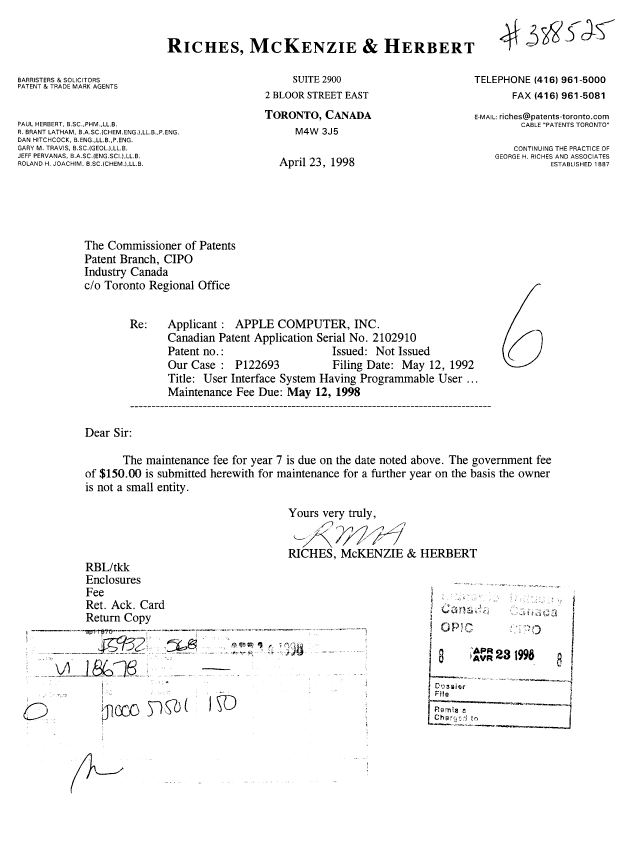 Document de brevet canadien 2102910. Taxes 19980423. Image 1 de 1