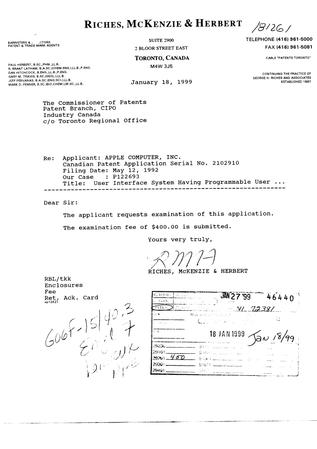 Canadian Patent Document 2102910. Prosecution-Amendment 19990118. Image 1 of 1