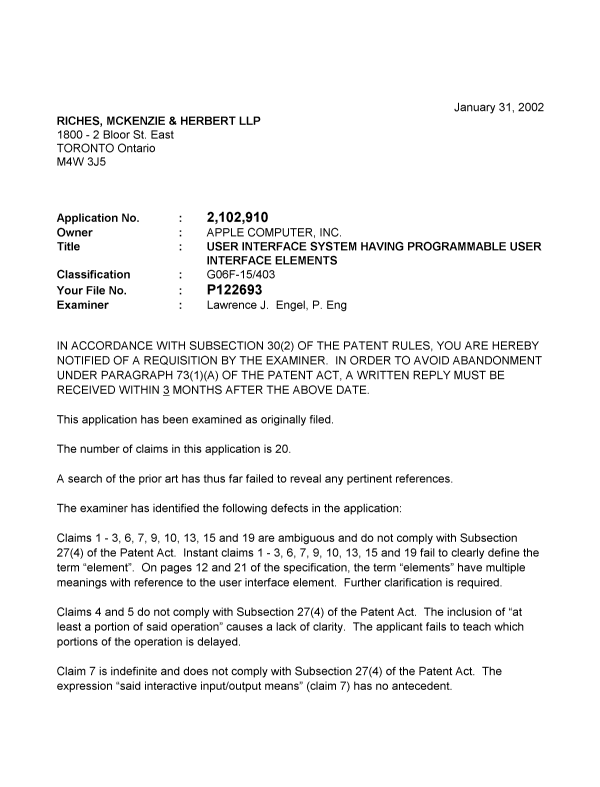 Document de brevet canadien 2102910. Poursuite-Amendment 20020131. Image 1 de 2