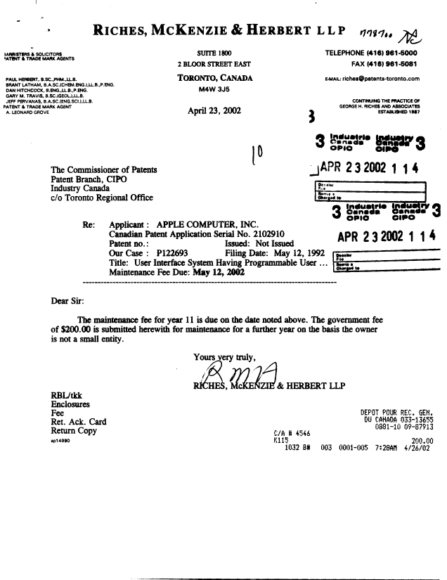 Document de brevet canadien 2102910. Taxes 20020423. Image 1 de 1