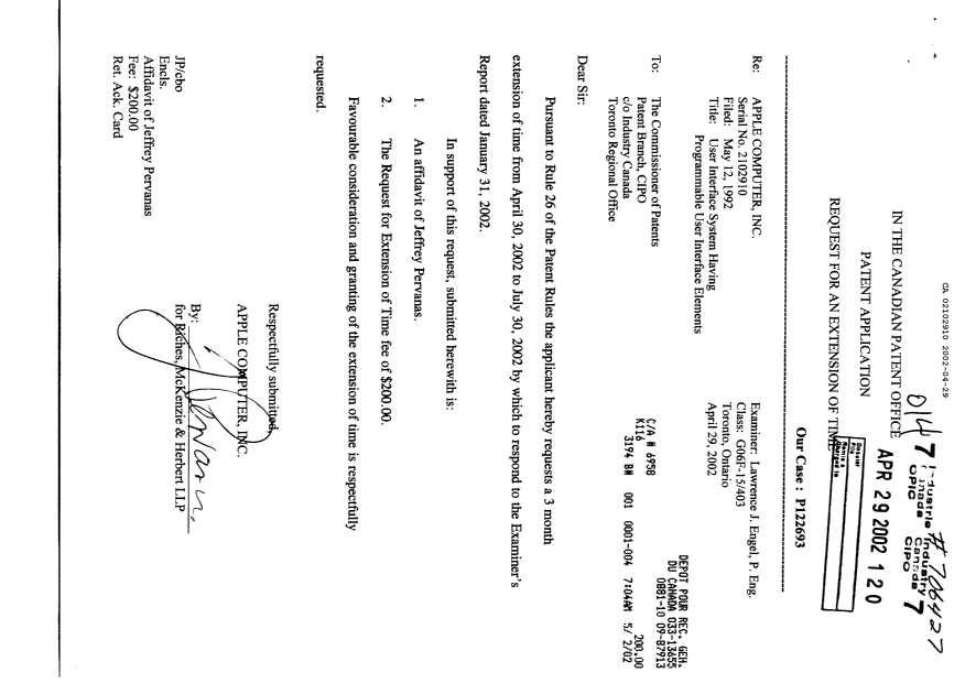 Canadian Patent Document 2102910. Correspondence 20020429. Image 1 of 3