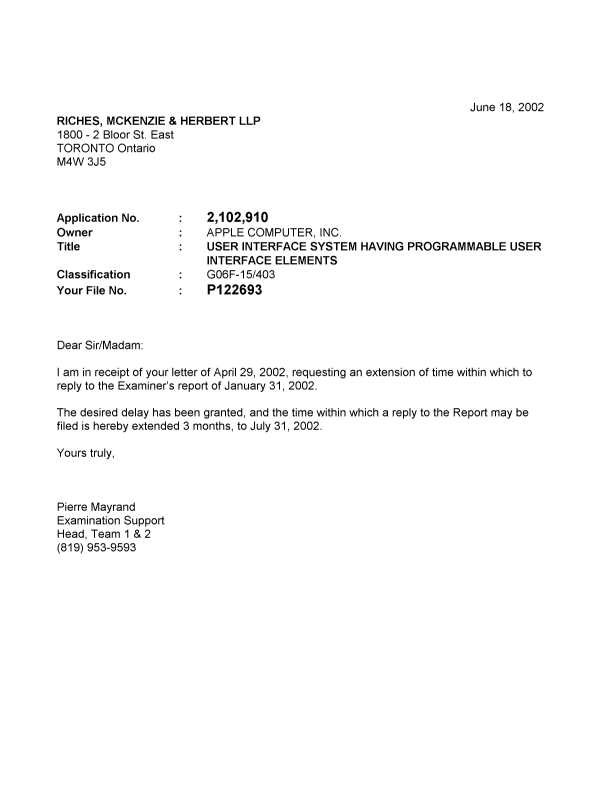 Canadian Patent Document 2102910. Correspondence 20020618. Image 1 of 1
