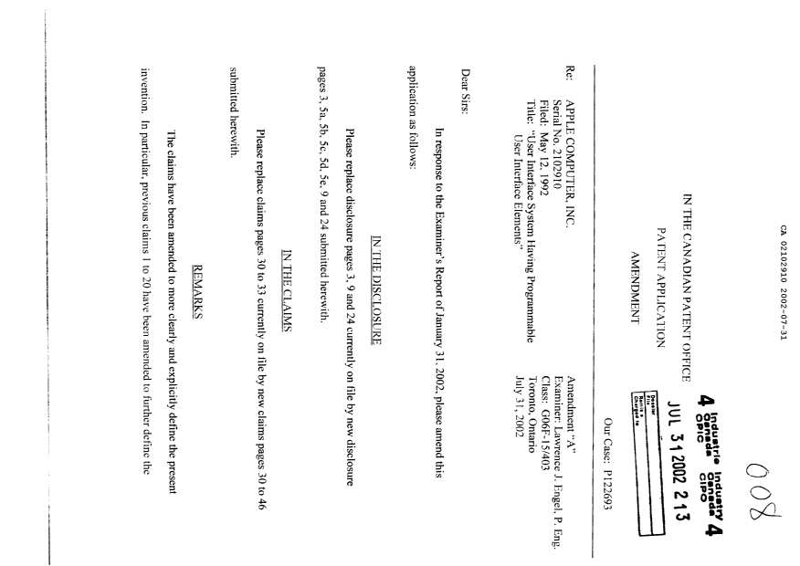 Canadian Patent Document 2102910. Prosecution-Amendment 20020731. Image 1 of 31
