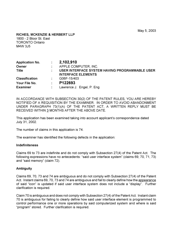 Document de brevet canadien 2102910. Poursuite-Amendment 20030505. Image 1 de 2