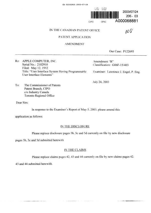 Canadian Patent Document 2102910. Prosecution-Amendment 20030724. Image 1 of 13