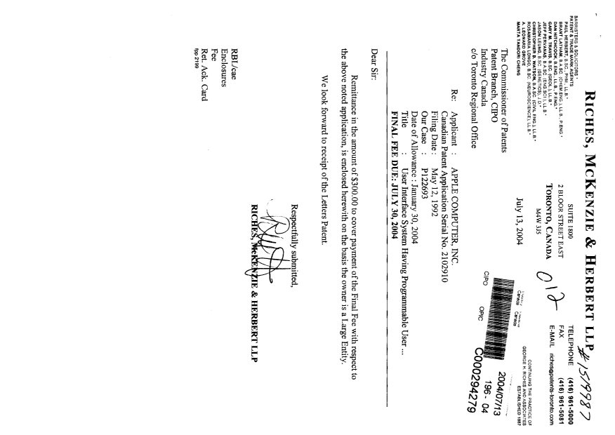Canadian Patent Document 2102910. Correspondence 20040713. Image 1 of 1