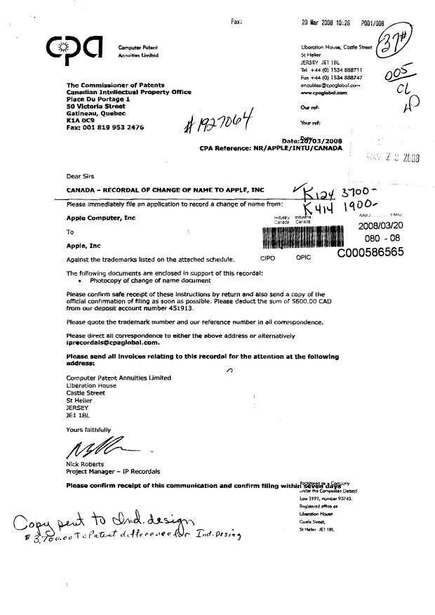 Document de brevet canadien 2102910. Cession 20080320. Image 1 de 8