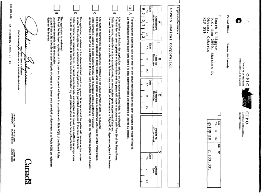 Document de brevet canadien 2103035. Lettre du bureau 19950810. Image 1 de 1