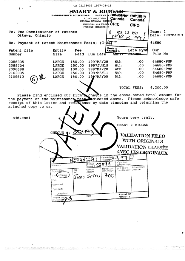 Document de brevet canadien 2103035. Taxes 19970313. Image 1 de 1