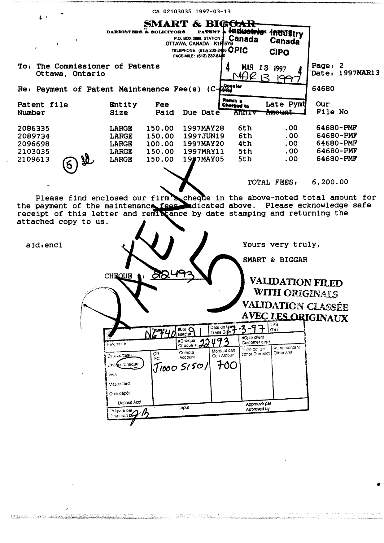 Canadian Patent Document 2103035. Fees 19970313. Image 1 of 1