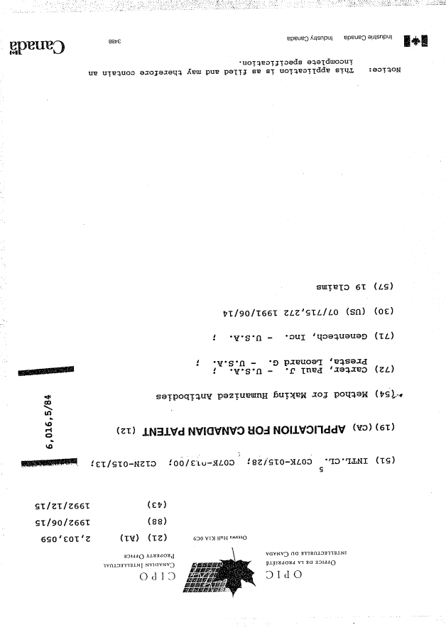 Canadian Patent Document 2103059. Cover Page 19950902. Image 1 of 1