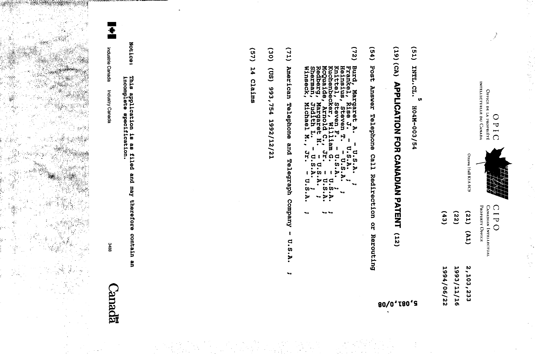 Canadian Patent Document 2103233. Cover Page 19950318. Image 1 of 1