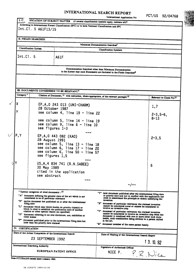 Document de brevet canadien 2103271. Rapport d'examen préliminaire international 19931116. Image 1 de 11