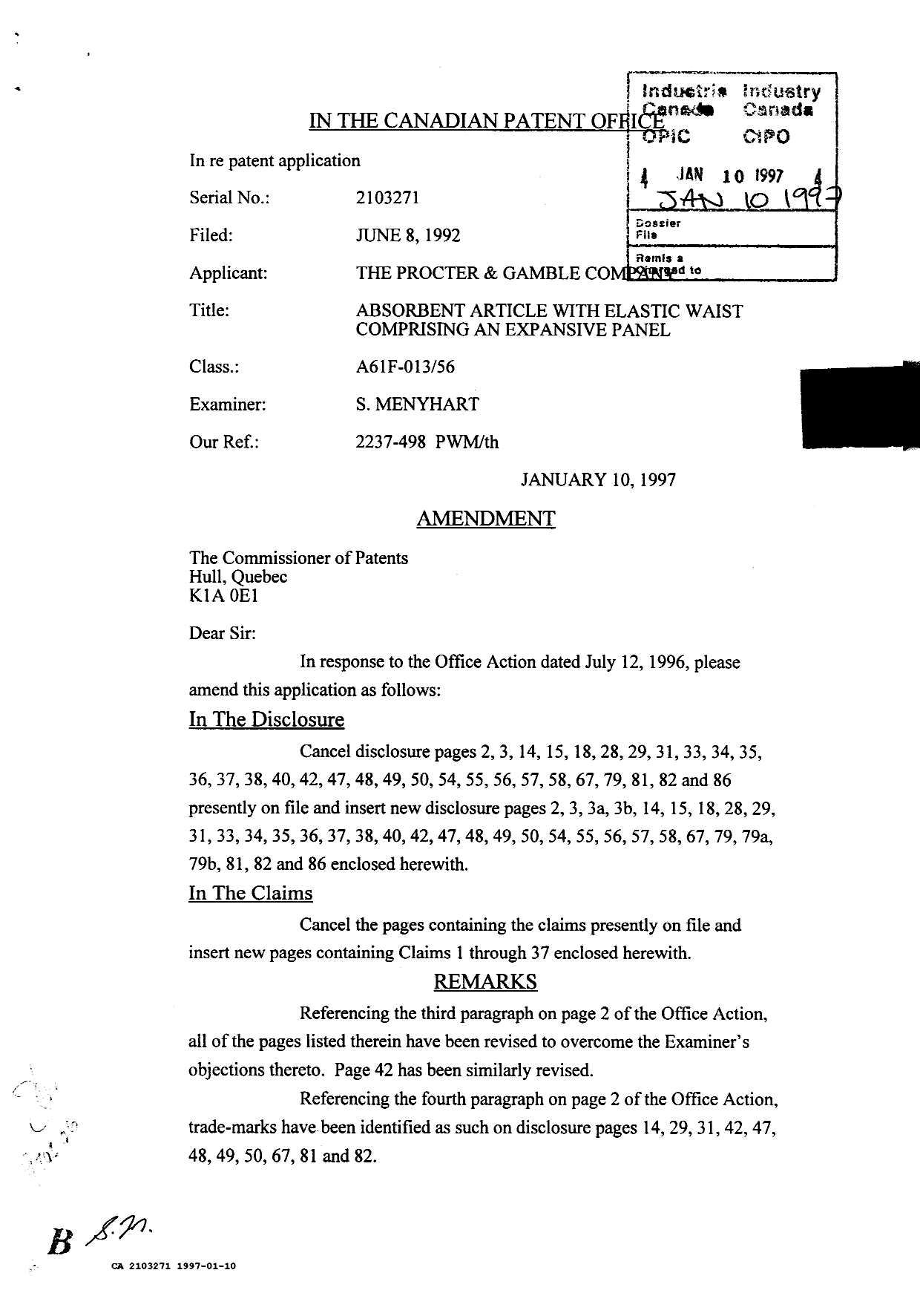 Canadian Patent Document 2103271. Prosecution Correspondence 19970110. Image 1 of 5