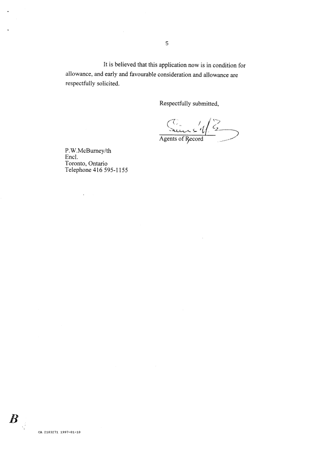 Canadian Patent Document 2103271. Prosecution Correspondence 19970110. Image 5 of 5
