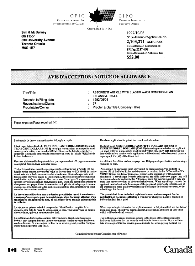 Document de brevet canadien 2103271. Correspondance 19971006. Image 1 de 1