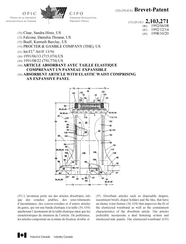 Document de brevet canadien 2103271. Page couverture 19981019. Image 1 de 2