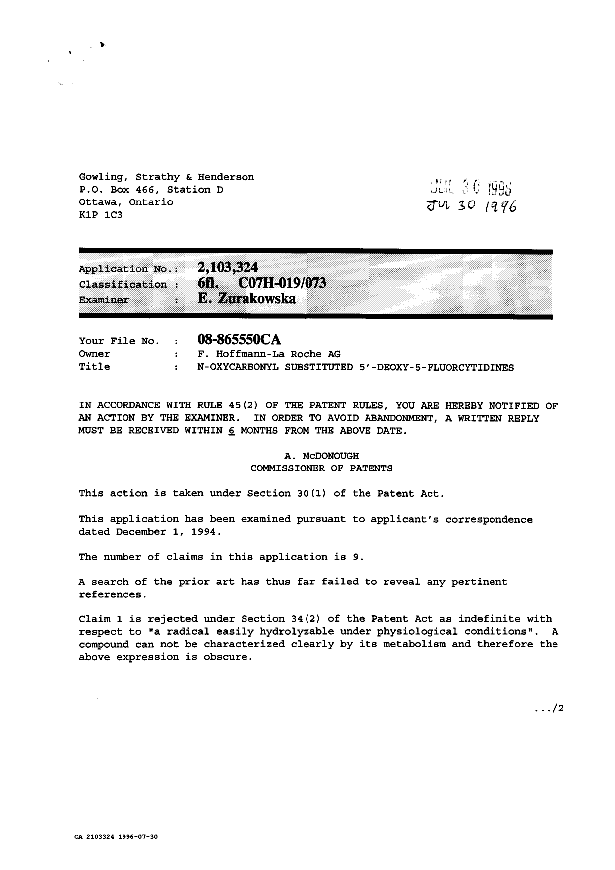 Canadian Patent Document 2103324. Examiner Requisition 19960730. Image 1 of 2