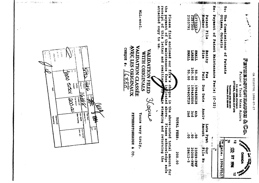 Document de brevet canadien 2103791. Taxes 19940727. Image 1 de 1