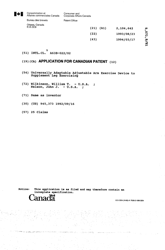 Document de brevet canadien 2104642. Page couverture 19940418. Image 1 de 1