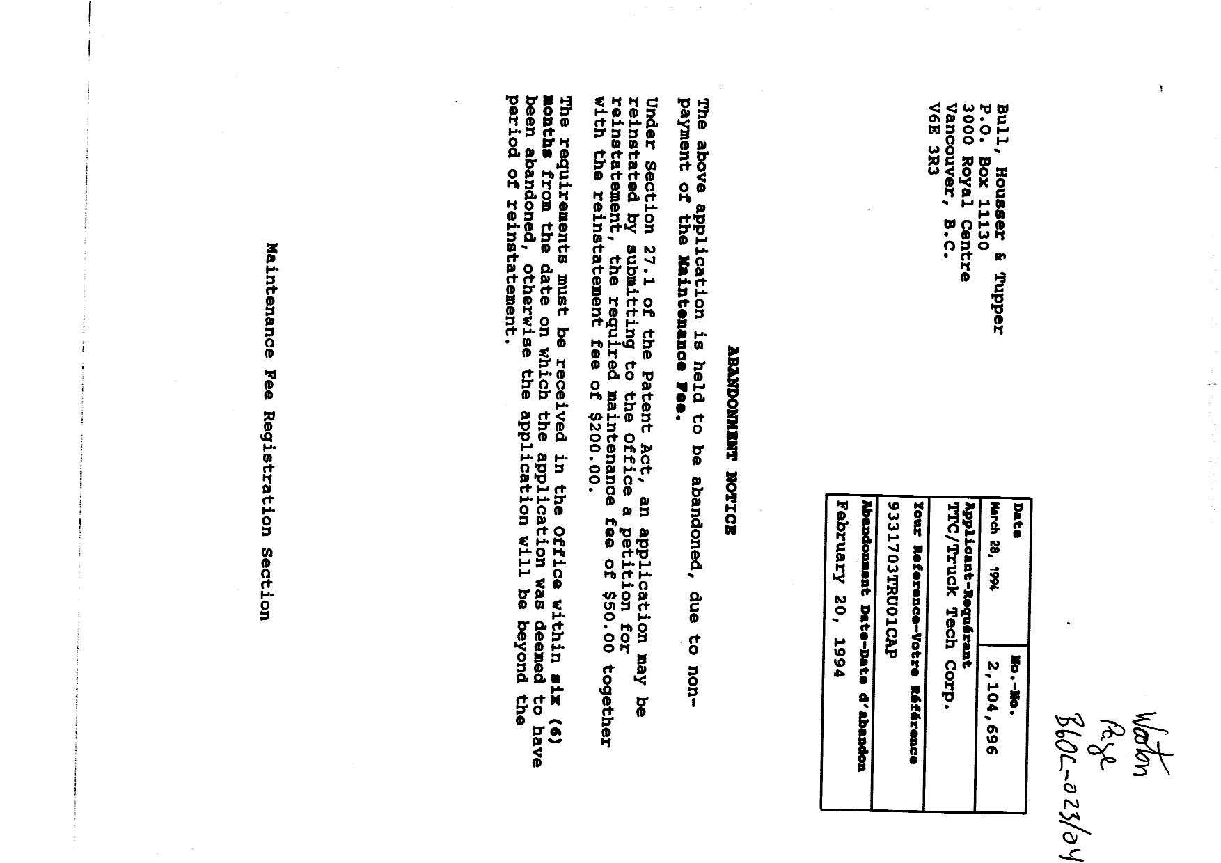 Canadian Patent Document 2104696. Fees 19940328. Image 1 of 2