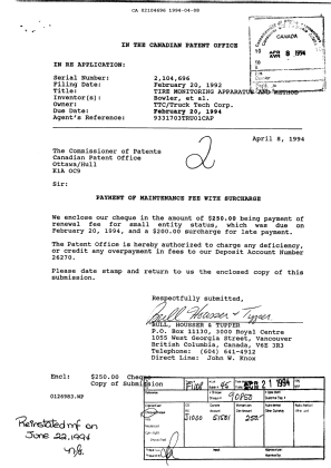 Document de brevet canadien 2104696. Taxes 19940408. Image 1 de 1