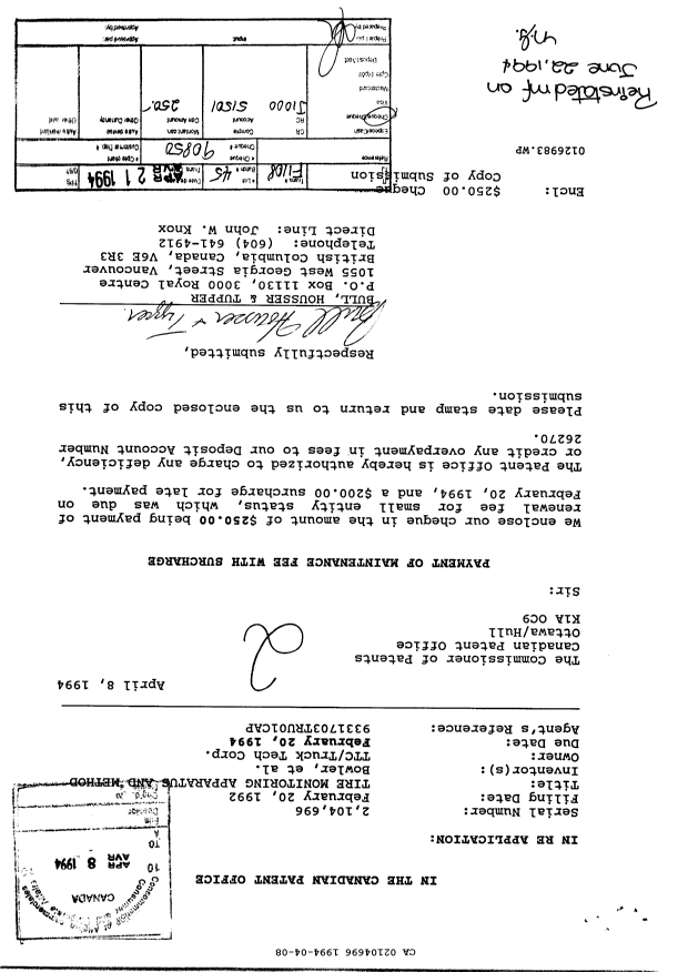 Canadian Patent Document 2104696. Fees 19940408. Image 1 of 1