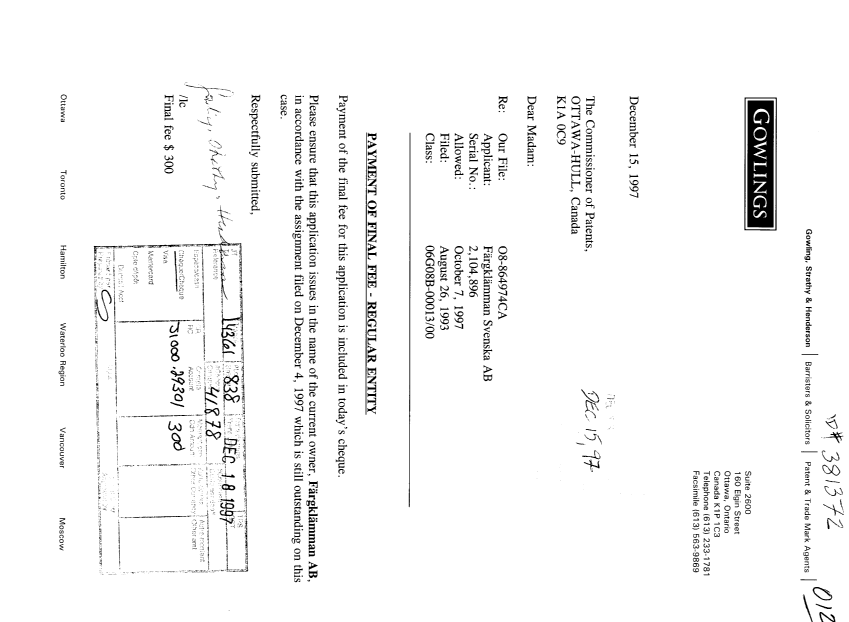 Document de brevet canadien 2104896. Correspondance 19961215. Image 1 de 1