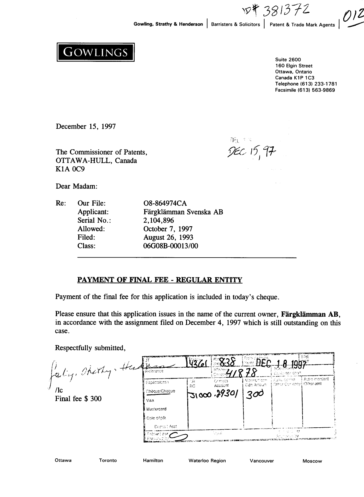 Document de brevet canadien 2104896. Correspondance 19961215. Image 1 de 1