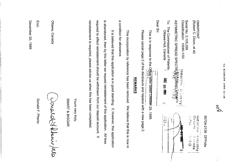 Document de brevet canadien 2105299. Poursuite-Amendment 19991220. Image 1 de 2