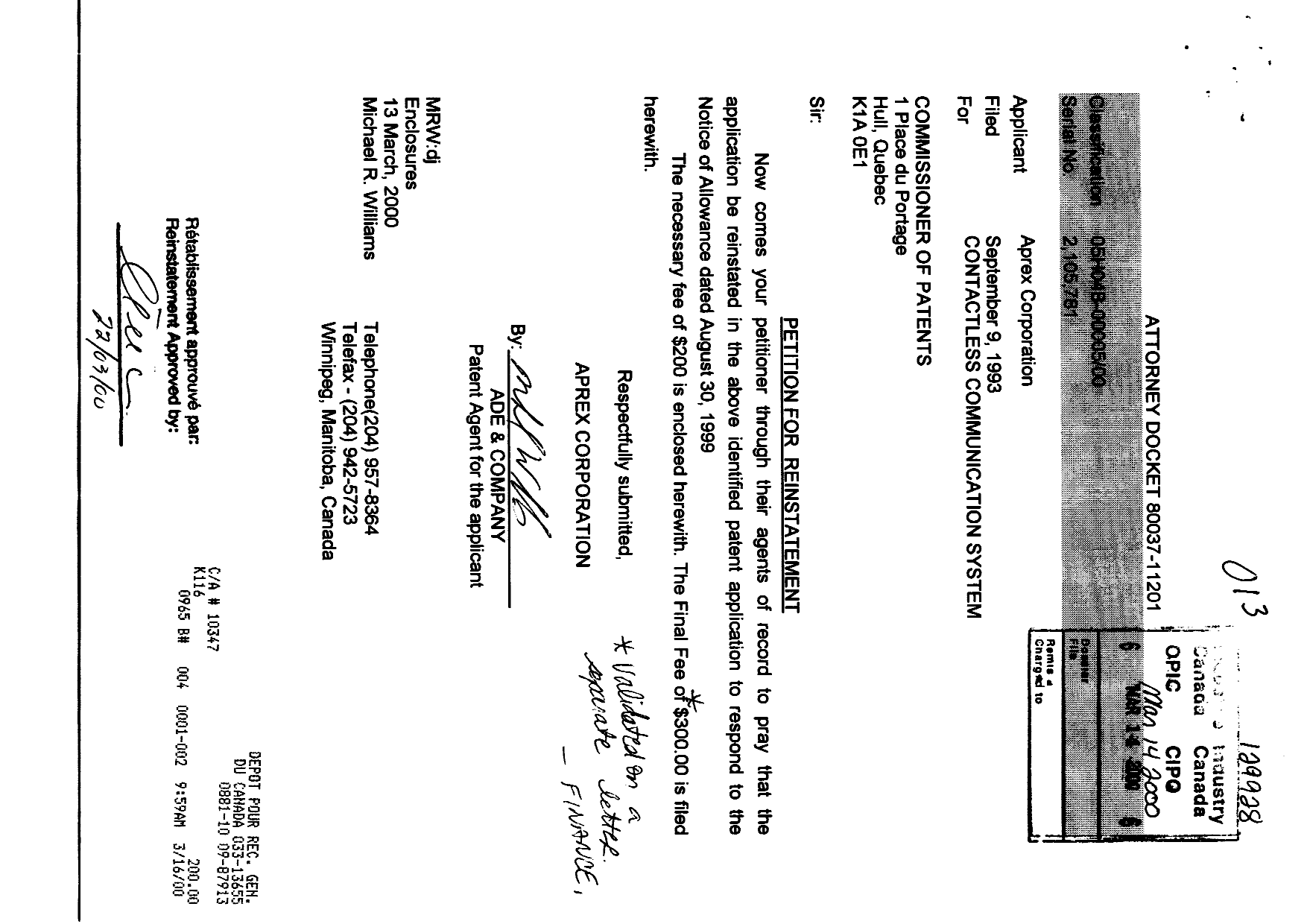 Canadian Patent Document 2105781. Prosecution-Amendment 20000314. Image 1 of 1