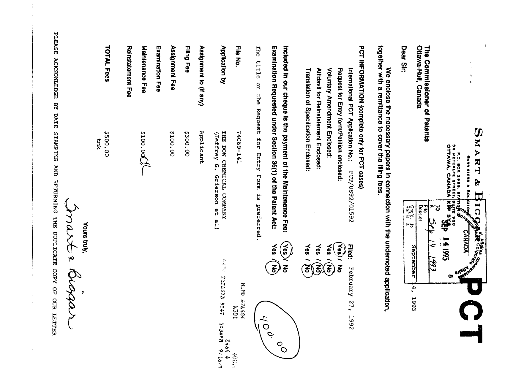 Canadian Patent Document 2106198. Assignment 19930914. Image 1 of 8