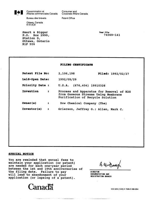 Canadian Patent Document 2106198. Assignment 19930914. Image 7 of 8